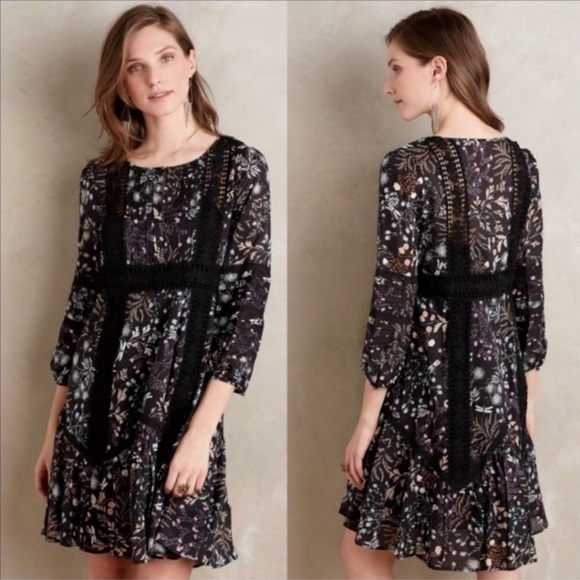 Anthropologie Dresses & Skirts - Boho Anthropologie Mouulinettte Soeurs floral black dress size 0